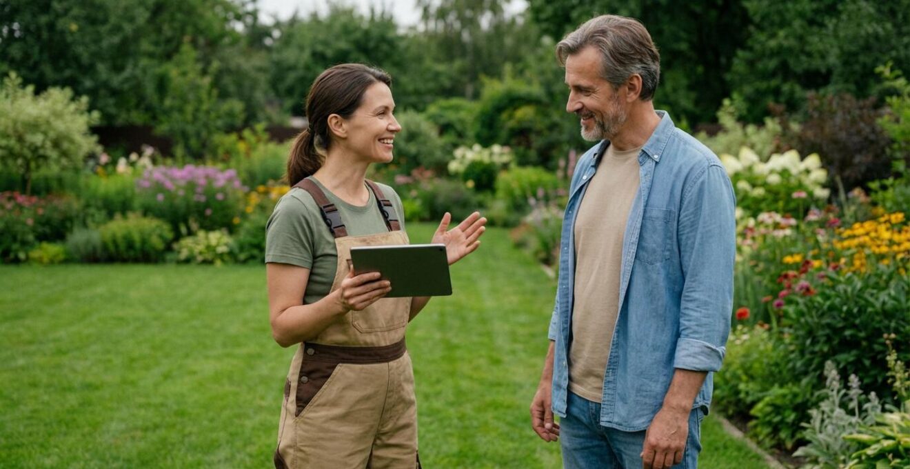 Paysagiste présentant un devis d'entretien jardin à un propriétaire dans son jardin