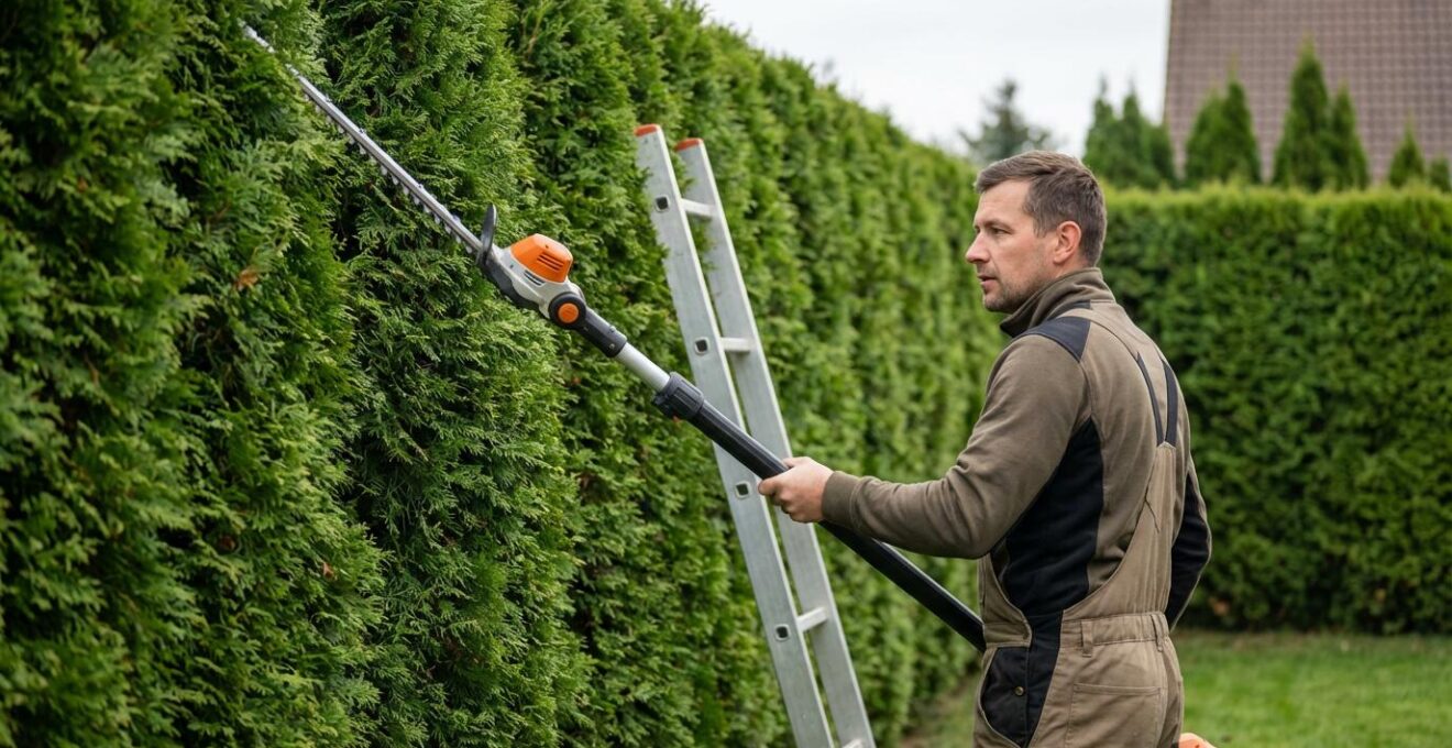 Jardinier professionnel taillant une haie haute avec un taille-haies télescopique pour entretien jardin