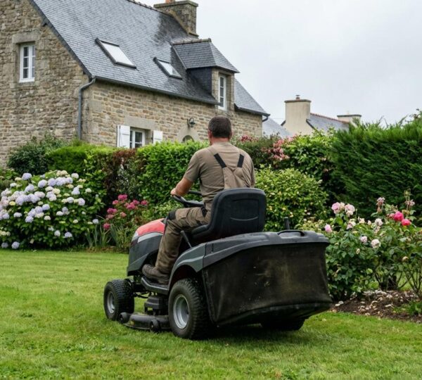 Paysagiste conduisant une tondeuse autoportée pour l'entretien d'un jardin résidentiel en Bretagne