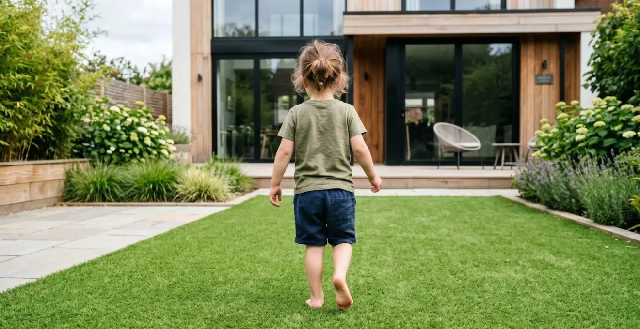 Un enfant vu de dos marche pieds nus sur une pelouse synthétique verte dans un jardin moderne, scène naturelle de vie quotidienne capturée en lumière douce de jour