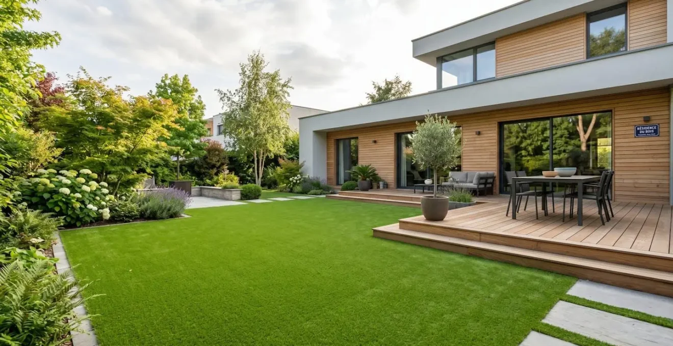 Un jardin résidentiel moderne aménagé avec une pelouse synthétique verte impeccable, terrasse en bois contemporaine en arrière-plan, lumière naturelle douce de fin de journée