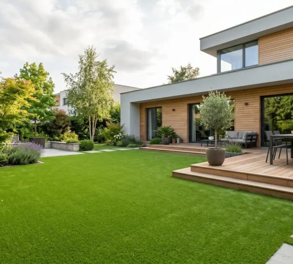Un jardin résidentiel moderne aménagé avec une pelouse synthétique verte impeccable, terrasse en bois contemporaine en arrière-plan, lumière naturelle douce de fin de journée