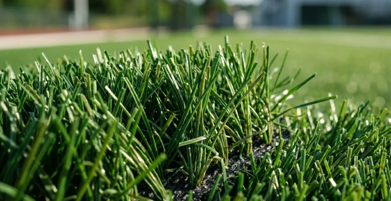 Gros plan extrême sur la texture des brins de gazon synthétique montrant la densité et l'épaisseur des fibres vertes entrelacées, profondeur de champ faible avec arrière-plan flouté