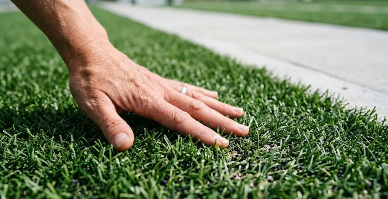 Vue rapprochée d'une main inspectant la hauteur et l'aspect visuel des brins d'un gazon synthétique, surface moderne propre, fond flouté